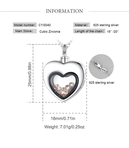 S925 Sterling Silver Heart Urn Locket for cremation ashes. Comes in several Birth Stone crystal colors - Urn Of Memories