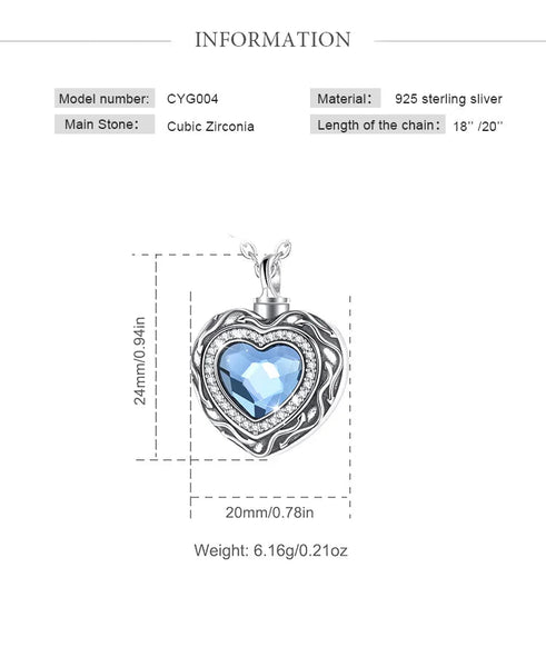 Sterling Silver Heart Locket for cremation ashes memorial - Blue Crystal birthstone - Urn Of Memories