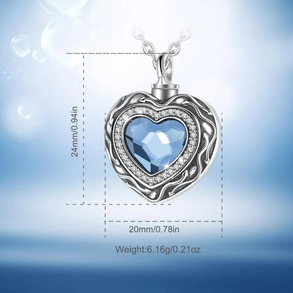 Sterling Silver Heart Locket for cremation ashes memorial - Blue Crystal birthstone - Urn Of Memories