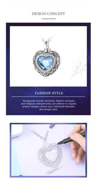 Sterling Silver Heart Locket for cremation ashes memorial - Blue Crystal birthstone - Urn Of Memories