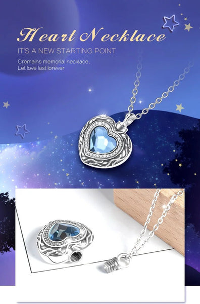 Sterling Silver Heart Locket for cremation ashes memorial - Blue Crystal birthstone - Urn Of Memories