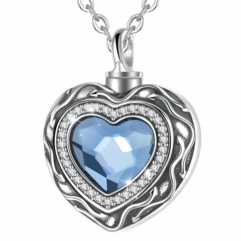 Sterling Silver Heart Locket for cremation ashes memorial - Blue Crystal birthstone - Urn Of Memories