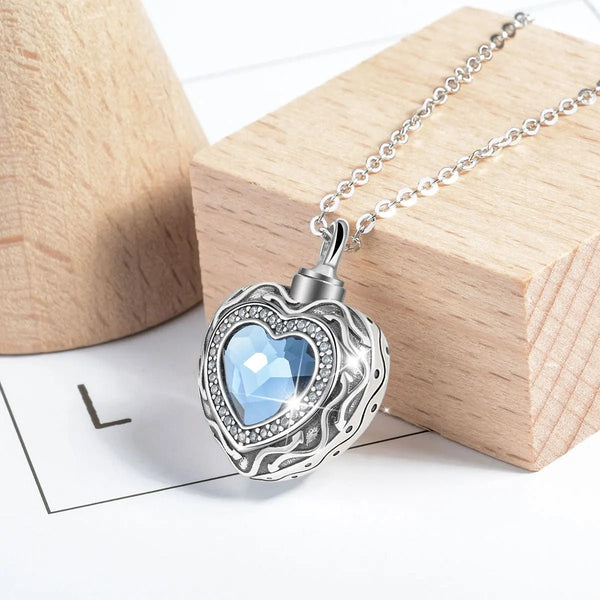 Sterling Silver Heart Locket for cremation ashes memorial - Blue Crystal birthstone - Urn Of Memories