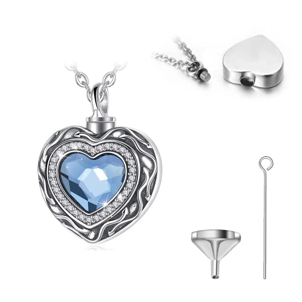 Sterling Silver Heart Locket for cremation ashes memorial - Blue Crystal birthstone - Urn Of Memories