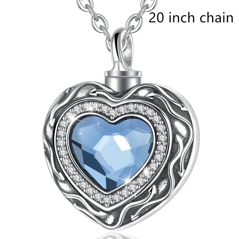 Sterling Silver Heart Locket for cremation ashes memorial - Blue Crystal birthstone - Urn Of Memories