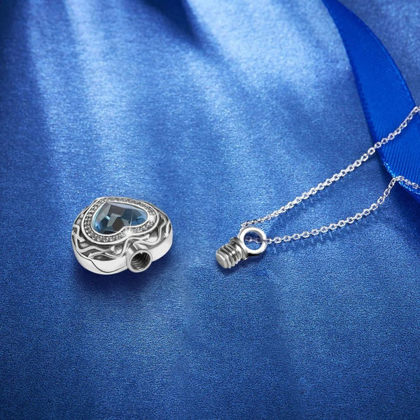 Sterling Silver Heart Locket for cremation ashes memorial - Blue Crystal birthstone - Urn Of Memories