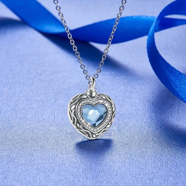 Sterling Silver Heart Locket for cremation ashes memorial - Blue Crystal birthstone - Urn Of Memories