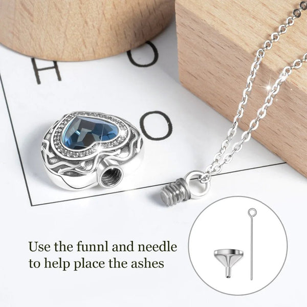 Sterling Silver Heart Locket for cremation ashes memorial - Blue Crystal birthstone - Urn Of Memories