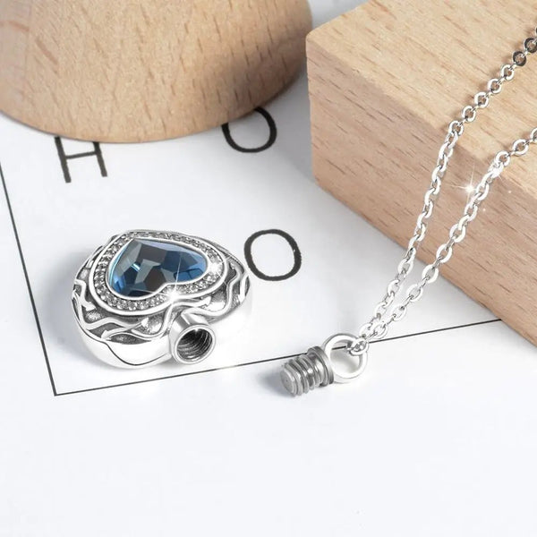 Sterling Silver Heart Locket for cremation ashes memorial - Blue Crystal birthstone - Urn Of Memories