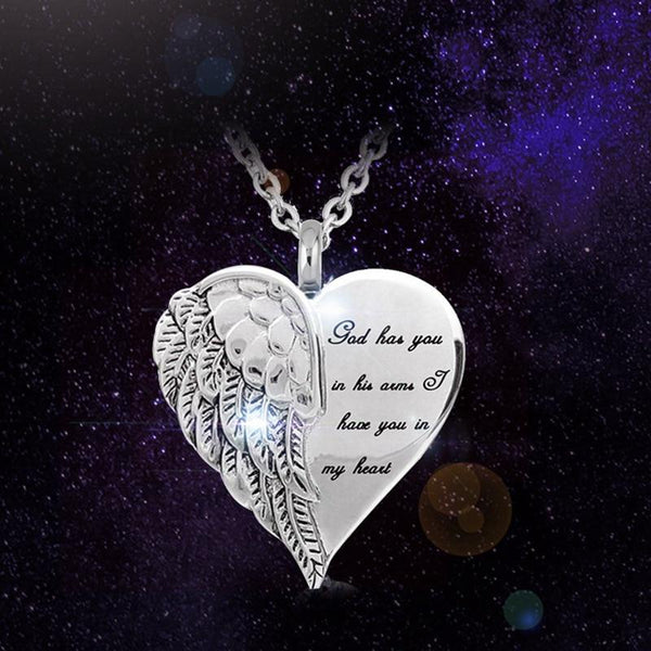 Angel Wing Heart - Inscribed " God Has you In His Arms & I Have You in My Heart" - Cremation Ashes Pendant - Urn Of Memories