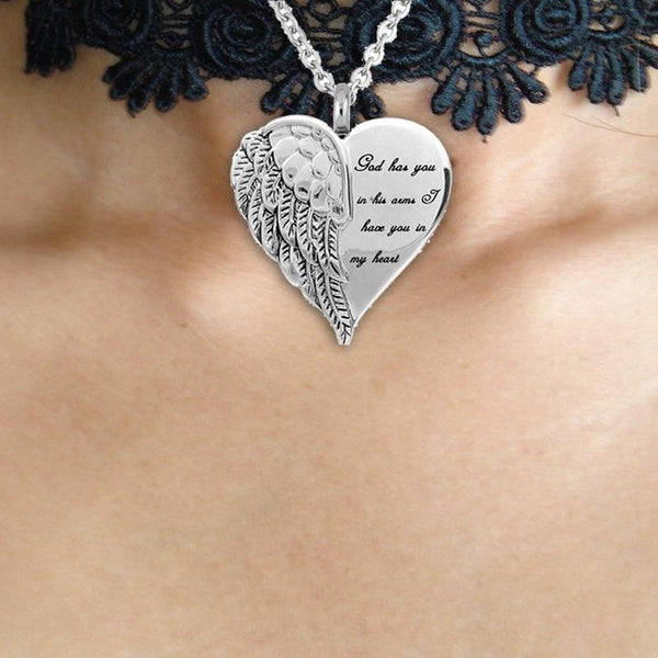 Angel Wing Heart - Inscribed " God Has you In His Arms & I Have You in My Heart" - Cremation Ashes Pendant - Urn Of Memories