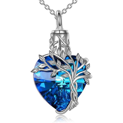 Blue Crystal Heart Embraced by a Vine - Urn Pendant Necklace - Urn Of Memories