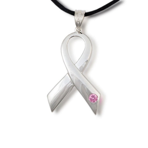 Breast Cancer Ribbon Cremation Pendant Necklace - Polished Sterling Silver - Urn Of Memories