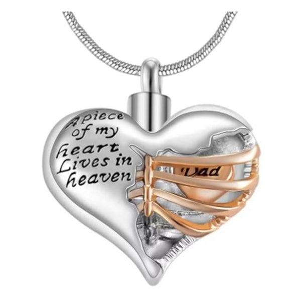 Heart in Chest Cage inscribed "A piece of my heart lives in Heaven" Urn Pendant for cremation ashes - Urn Of Memories
