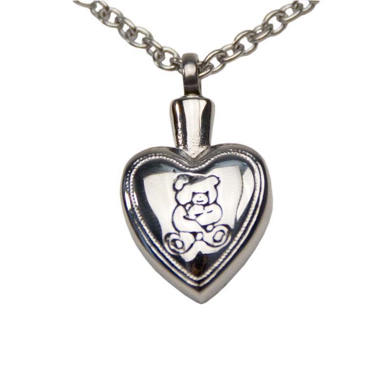 Teddy Bear Heart Cremation Pendant - Stainless Steel - Urn Of Memories